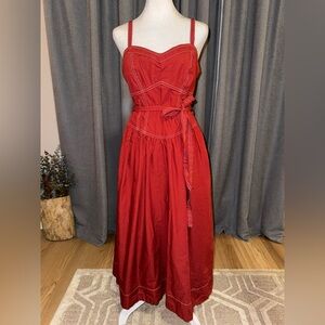 Free Assembly Red Cotton Midi Dress Corset Bodice Contrast Stitch Size XS